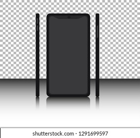 Realistic smartphone with blank screen. Isolated cell phone mockup, realistic white and black, mobile templates on transparent background. High quality vector illustration.
