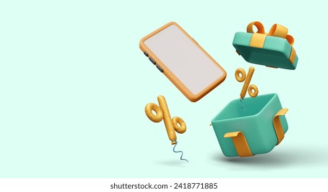 Realistic smartphone with blank screen, open gift box, discount balloons