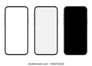 Realistic smartphone with blank touch screen isolated on white background. Frameless mobile phone in front view. High quality detailed device mockup. Vector illustration.