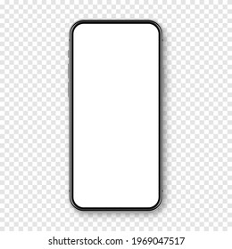 Smartphone realista con pantalla táctil en blanco en fondo a cuadros. Teléfono móvil sin marco en la vista frontal. Mockup de dispositivos detallados de alta calidad. Ilustración vectorial.