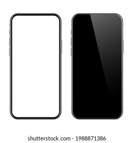 Realistic smartphone with blank touch screen isolated on white background. Frameless mobile phone in front view. High quality detailed device mockup. Vector illustration.