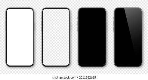 Realistic smartphone with blank touch screen on checkered background. Frameless mobile phone in front view. High quality detailed device mockup. Vector illustration.