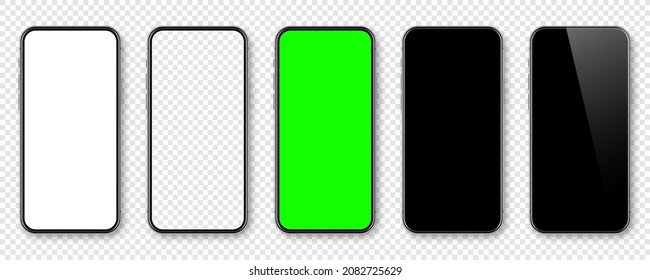 Smartphone realista con pantalla táctil en blanco y fondo de croma verde. Teléfono móvil sin marco en la vista frontal. Mockup de dispositivos detallados de alta calidad. Plantilla de fondo de pantalla. Ilustración vectorial.
