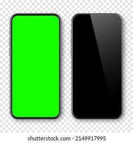Smartphone realista con pantalla táctil en blanco y fondo de croma verde. Teléfono móvil sin marco en la vista frontal. Mockup de dispositivos detallados de alta calidad. Plantilla de fondo de pantalla. Ilustración vectorial.