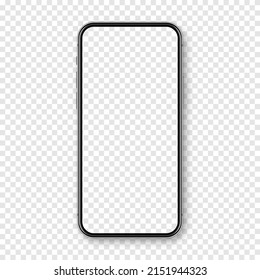 Realistic smartphone with blank touch screen on checkered background. Frameless mobile phone in front view. High quality detailed device mockup. Vector illustration.