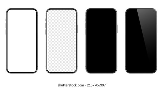 Realistic smartphone with blank touch screen isolated on white background. Frameless mobile phone in front view. High quality detailed device mockup. Vector illustration.