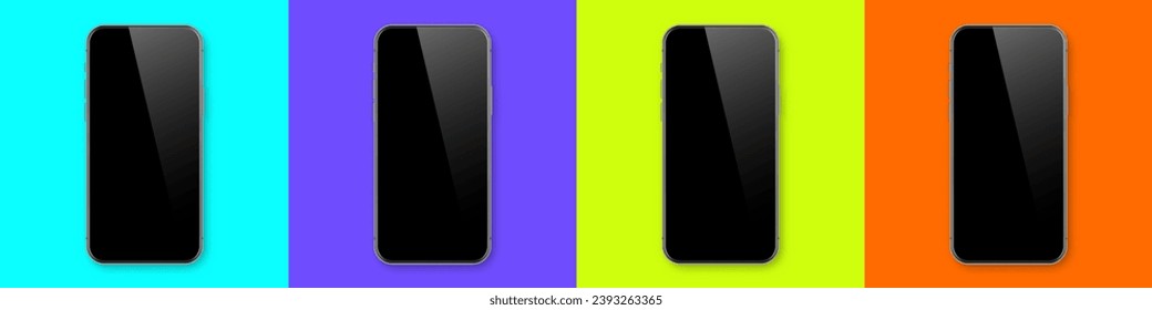 Realistic smartphone with blank touch screen on colorful background. Frameless mobile phone in front view. High quality detailed device mockup. Vector illustration