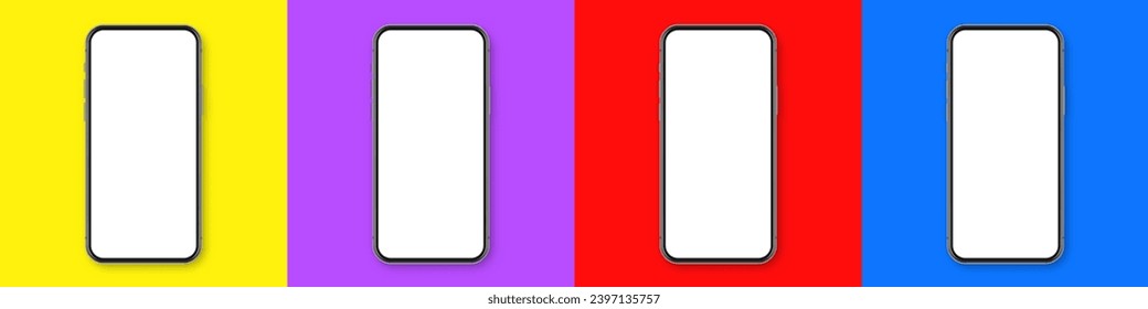 Realistic smartphone with blank touch screen on colorful background. Frameless mobile phone in front view. High quality detailed device mockup. Vector illustration