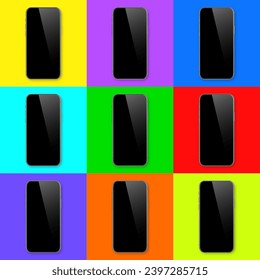 Smartphone realista con pantalla táctil en blanco sobre fondo colorido. Teléfono móvil sin marco en la vista frontal. Mockup de dispositivos detallados de alta calidad. Ilustración del vector