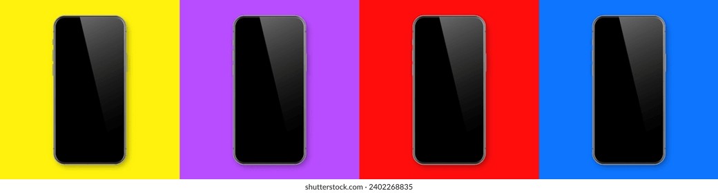 Smartphone realista con pantalla táctil en blanco sobre fondo colorido. Teléfono móvil sin marco en la vista frontal. Mockup de dispositivos detallados de alta calidad. Ilustración del vector