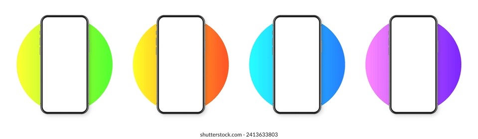 Realistic smartphone with blank touch screen on colorful background. Frameless mobile phone in front view. High quality detailed device mockup. Vector illustration