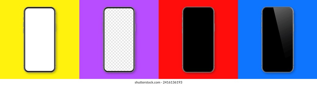 Realistic smartphone with blank touch screen on colorful background. Frameless mobile phone in front view. High quality detailed device mockup. Vector illustration