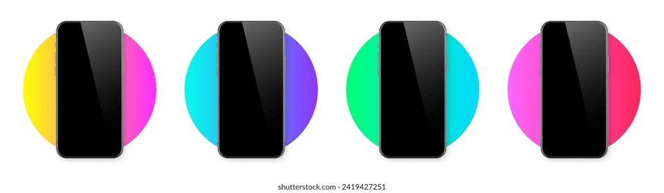Smartphone realista con pantalla táctil en blanco sobre fondo colorido. Teléfono móvil sin marco en la vista frontal. Mockup de dispositivos detallados de alta calidad. Ilustración del vector