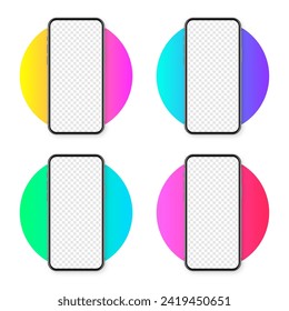 Realistic smartphone with blank touch screen on colorful background. Frameless mobile phone in front view. High quality detailed device mockup. Vector illustration