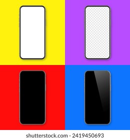 Realistic smartphone with blank touch screen on colorful background. Frameless mobile phone in front view. High quality detailed device mockup. Vector illustration