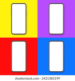 Realistic smartphone with blank touch screen on colorful background. Frameless mobile phone in front view. High quality detailed device mockup. Vector illustration