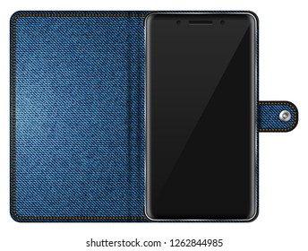 Realistic smartphone in blue denim case isolated vector illustration on white background. Mobile phone mockup with blank screen.