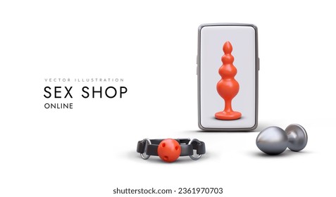 Realistisches Smartphone, Stöpsel, Gag. Spielzeug für Erwachsene. Dominante und submissive Accessoires. Werbung für Sexshop-Telefonanwendung. Konzept auf weißem Hintergrund, Ort für Text