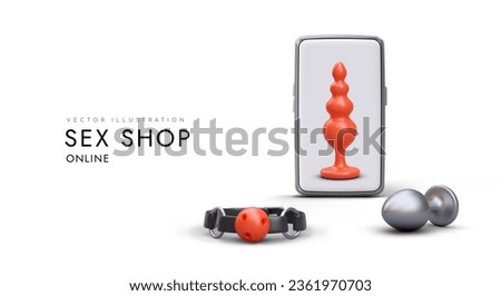 Realistic smartphone, butt plug, gag. Toys for adults. Dominant and submissive accessories. Advertising of sex shop phone application. Concept on white background, place for text