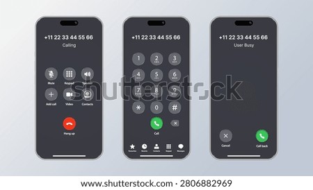 Realistic Smartphone Calling Screen UI Mockup Set with Dial Pad, Active Call Interface, Busy Screen and Mobile Phone Vector Illustration