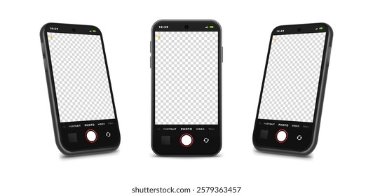 Realistic smartphone with camera app turned on, vector illustration.