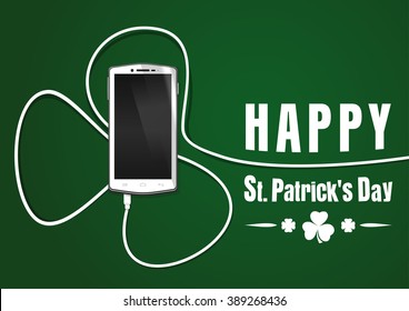 Realistic smartphone, cellphone, mobile phone. Phone wire bent in the shape of a clover. Smartphone isolated on a green background. Happy St. Patrick's Day. Vector greeting card