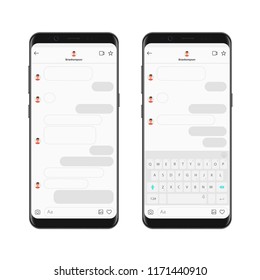 Realistic Smartphone Chatting Messenger App Template With Chat Bubbles And Keyboard. Vector Mockup Dialogues Composer.