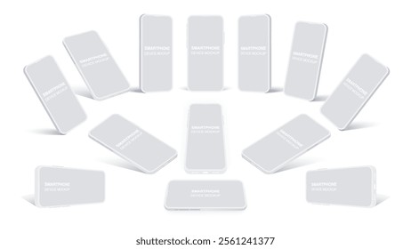 Realistic Smartphone and Clay Phone Mockup Collection - White Mobile Devices in Front, Side, Top, Bottom, and Perspective Views with Blank Screens. Vector