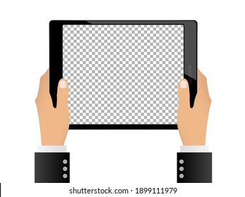 Realistic smartphone device isolated with hand and blank screen mock up. Digital gadget with copy space template.