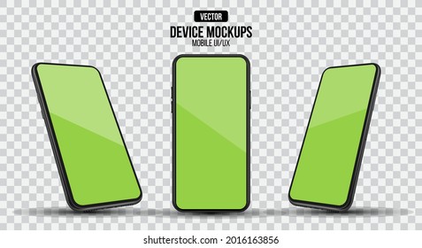 Realistic smartphone device mockup. Cellphone frame with blank display isolated templates, Phone different angles or views. Black vector mobile phone concept
