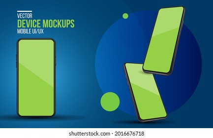 Realistic smartphone device mockup. Cellphone frame with blank display isolated templates, Phone different angles or views. Black vector mobile phone concept