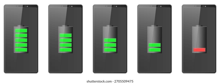Realistic smartphone with different battery charge levels. Phone accumulator power amount. Electrical capacity. Recharge technology. Phone screen. Charging indicator at display. Vector cellphones set