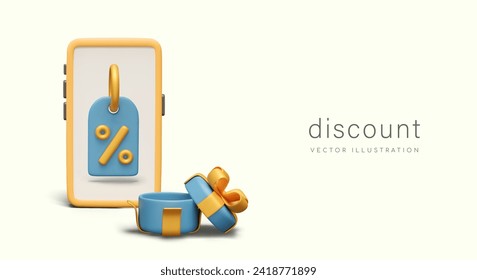Realistic smartphone, discount label on screen. Open gift box. Concept of discount, sale, bonus