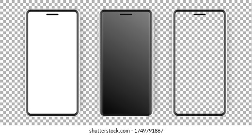 Realistic smartphone display mockup set. Smartphone mockup isolated on transparent background. Realistic vector illustration.
