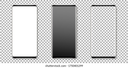 Realistic smartphone display mockup set. Smartphone mockup isolated on transparent background. Realistic vector illustration.