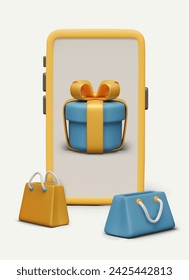 Realistic smartphone with gift box on screen. Shopping bags