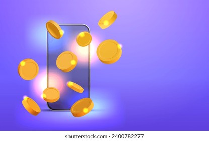 Realistic smartphone with golden coins on purple background. Mobile payment or banking concept vector illustration with copy space