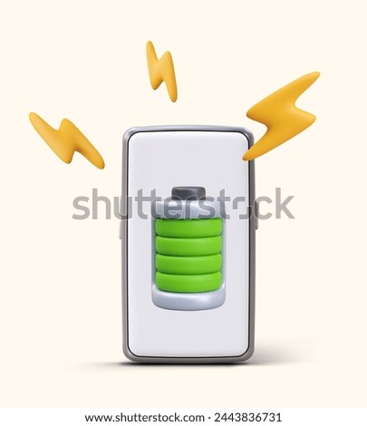 Realistic smartphone with green battery, lightning. Concept of full charge
