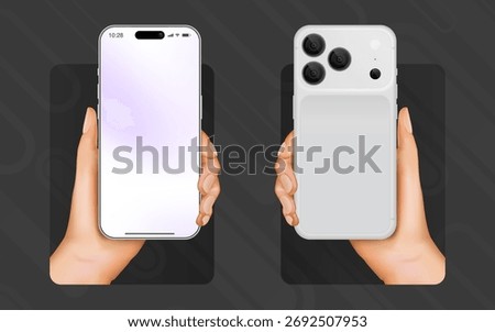 Realistic Smartphone in Hand Vector – Front and Back 3D Mobile Phone Mockup for App, UI Design, and Product Presentation