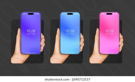 Smartphone realista en el sistema de Vector de la mano - maqueta del teléfono móvil 3D con la pantalla del gradiente para el App, el Anuncio, y el diseño de UI