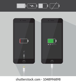 Realistic smartphone icons collection with battery indicator and usb cable, black device flat design interface element for app ui ux web button, eps 10 vector isolated on white background