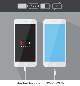 Realistic smartphone icons collection with battery indicator and usb cable in flat style design, white flat device silhouette ,vector eps10