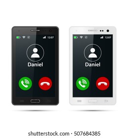 Realistic smartphone with incoming call on display, vector isolated illustration.