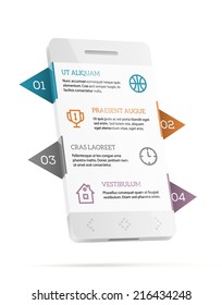 Realistic smartphone with infographic elements, copyspaces, sample headers and icons isolated on white. EPS10 vector image.