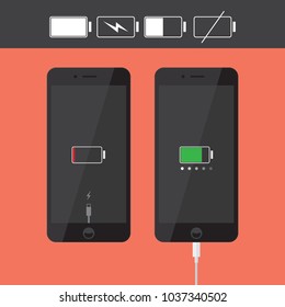 Realistic smartphone  iPhone icons collection with battery indicator and usb cable, black flat design device interface element for app ui ux web button, eps 10 vector isolated on white background