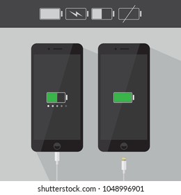 Realistic Smartphone / IPhone Icons Collection With Battery Indicator And Usb Cable, Black Device Flat Design Interface Element For App Ui Ux Web Button, Eps 10 Vector Isolated On White Background