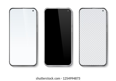 Realistic smartphone isolated on white background. Mobile phone with white, black and transparent screen. Vector illustration