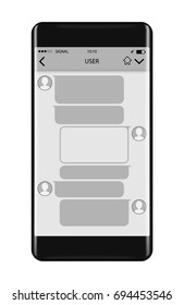 Realistic smartphone isolated on white background with messenger UI on screen