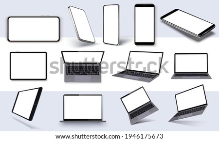 Realistic smartphone, laptop, pc, tablet mockup. Device UI, UX mockup for presentation template. Device frame with blank display isolated templates, different angles views. 3d isometric vector