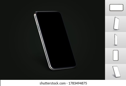 Realistic Smartphone layout with a blank screen with different views and different angles, on a white and black background.  Vector mobile device concept
